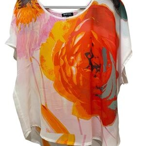 Unique Spectrum Floral Scoop-Neck Blouse in White, Orange, Pink & Yellow